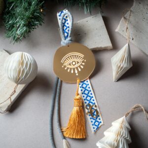 Κρεμαστό Γούρι Μάτι με Φούντα | Χρυσό Καθρέπτη Plexiglass