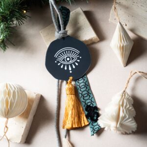 Κρεμαστό Γούρι Μάτι με Φούντα | Ανθρακί Καθρέπτη Plexiglass