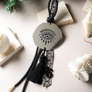 Κρεμαστό Γούρι Μάτι με Φούντα | Ασημί Καθρέπτη Plexiglass (Μαύρο)